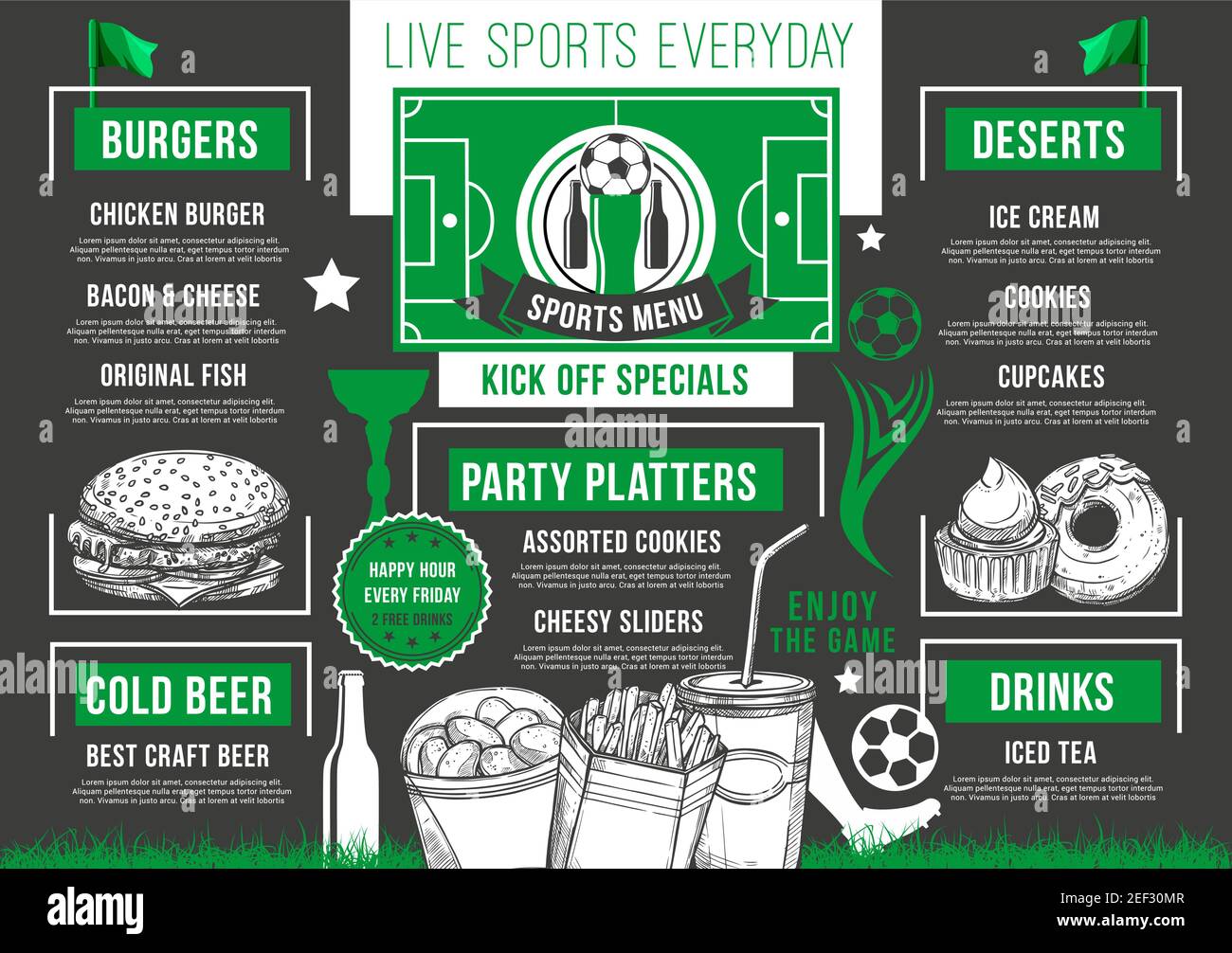 Soccer sports pub or bar menu design template for meal snacks and hamburgers. Vector live games championship beer pub menu for beer drinks of football Stock Vector