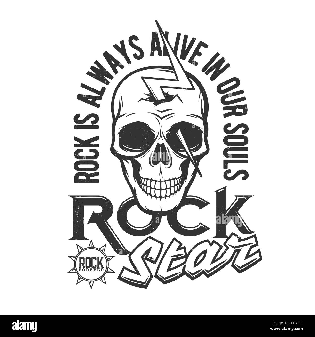 Tshirt print with skull pierced with bolt of lightning, mascot apparel vector design. T shirt print for hard rock club with typography, emblem for mus Stock Vector