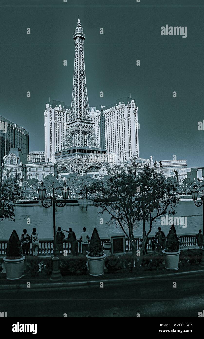 View on Eiffel Tower of Paris Hotel and Casino in Las Vegas, Nevada, USA Stock Photo