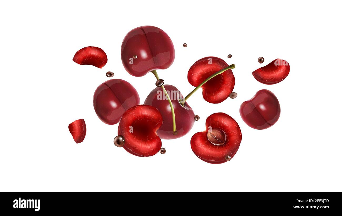 Cherry berries and chocolate droplets in flight Stock Photo Alamy
