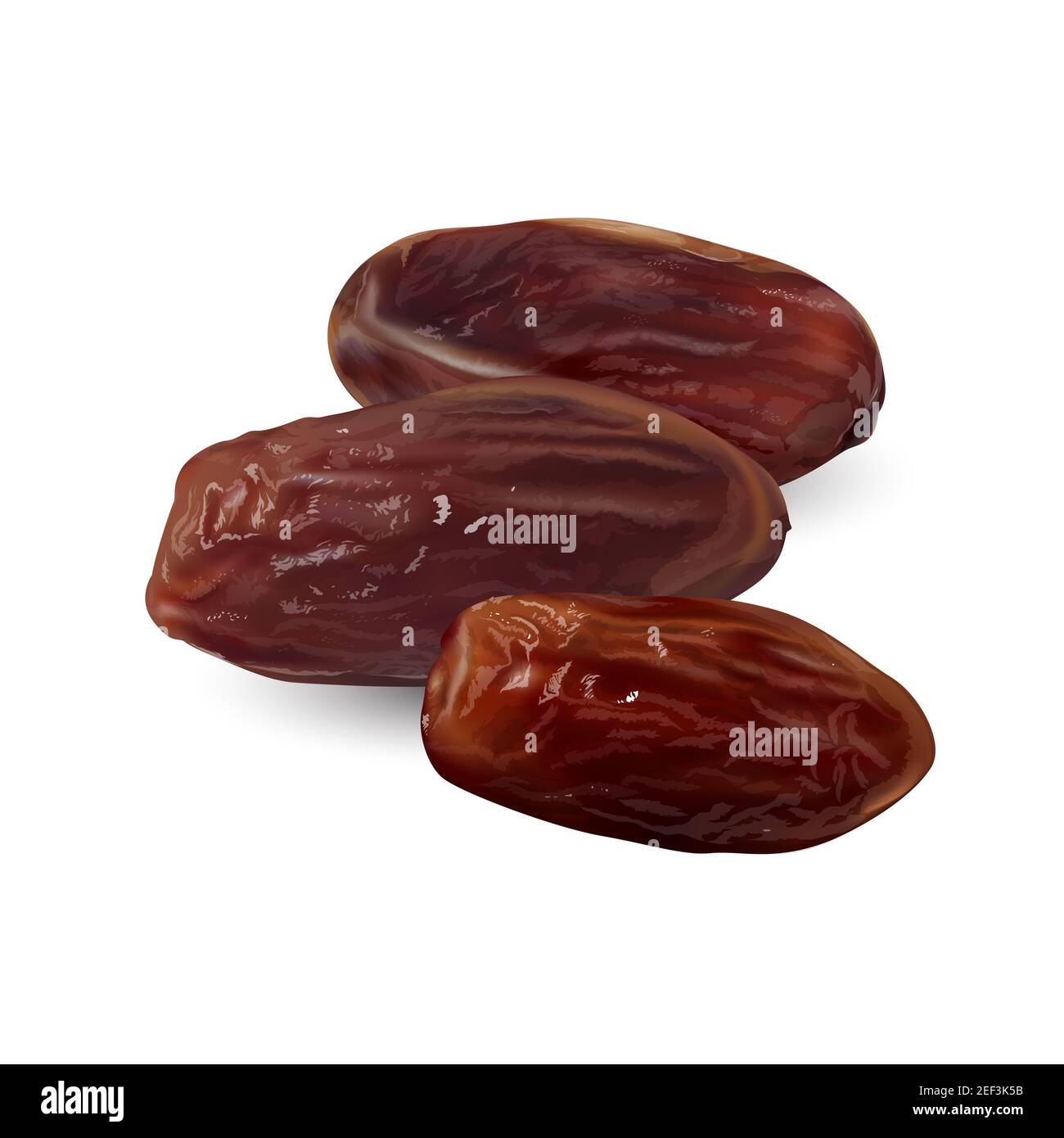Three dried dates on a white plate. Stock Photo
