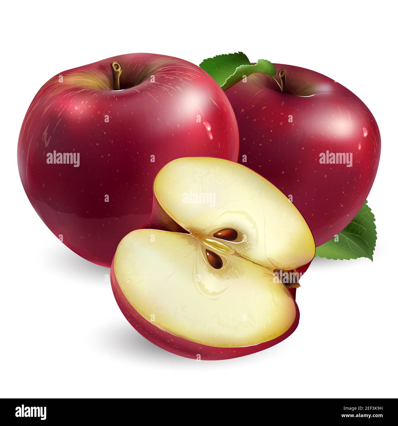 Two red apples and a half on white background. Stock Photo