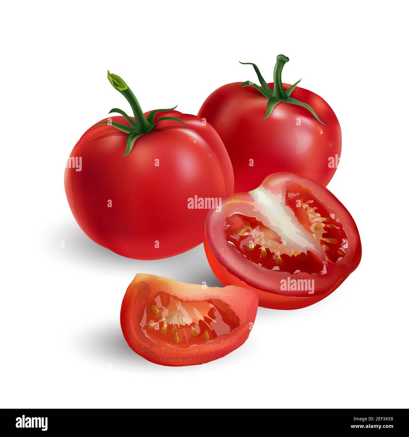 Whole and sliced red tomatoes on a white background. Stock Photo
