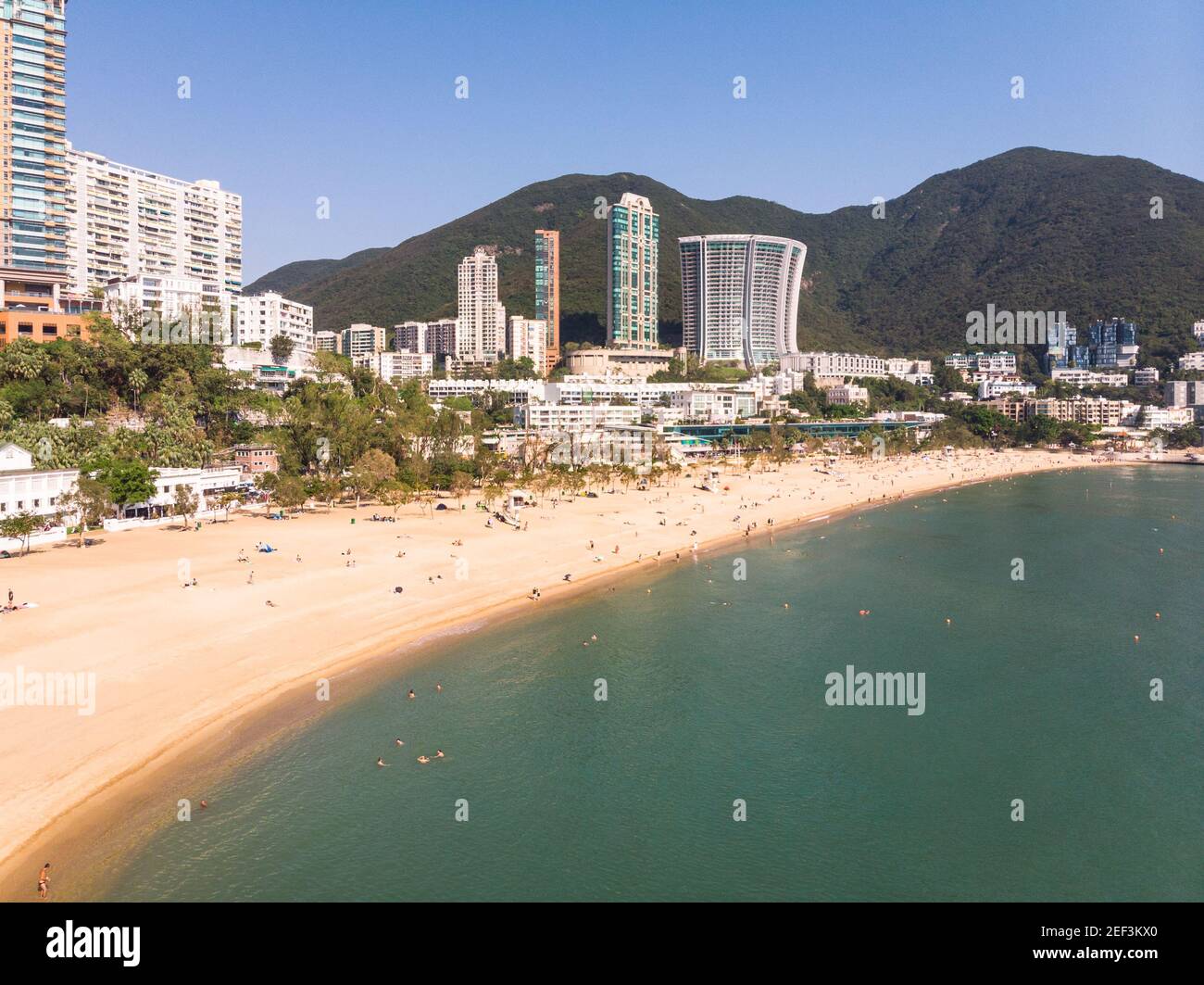 Aerial view of the famous Repulse bay sandy beach and skyline in Hong Kong island by the South China Sea Stock Photo