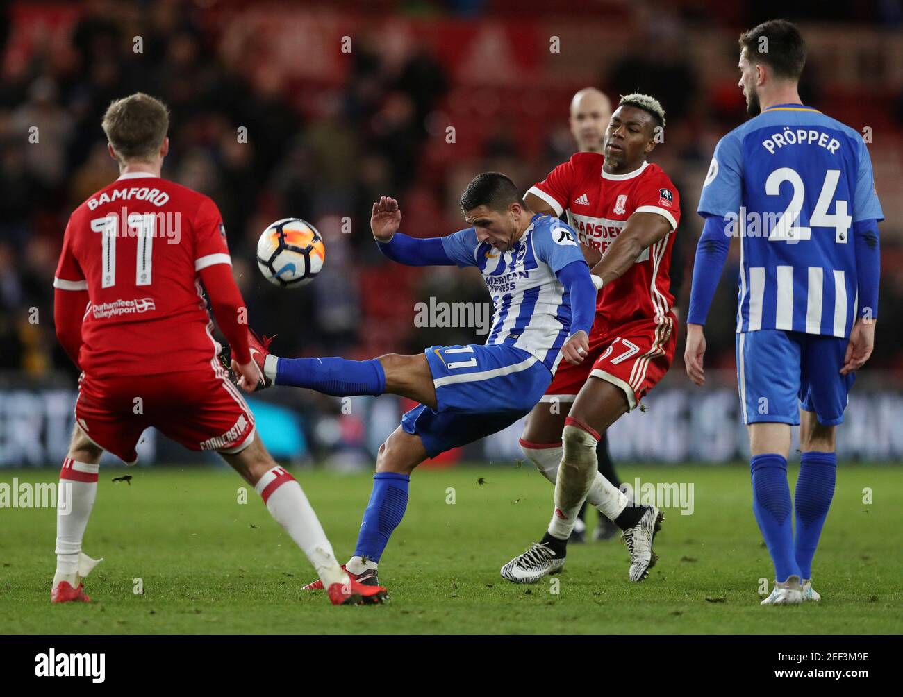 Soccer Football - FA Cup Fourth Round - Middlesbrough vs Brighton & Hove Albion - Riverside Stadium, Middlesbrough, Britain - January 27, 2018   Brighton's Anthony Knockaert in action with Middlesbrough's Adama Traore   REUTERS/Scott Heppell Stock Photo