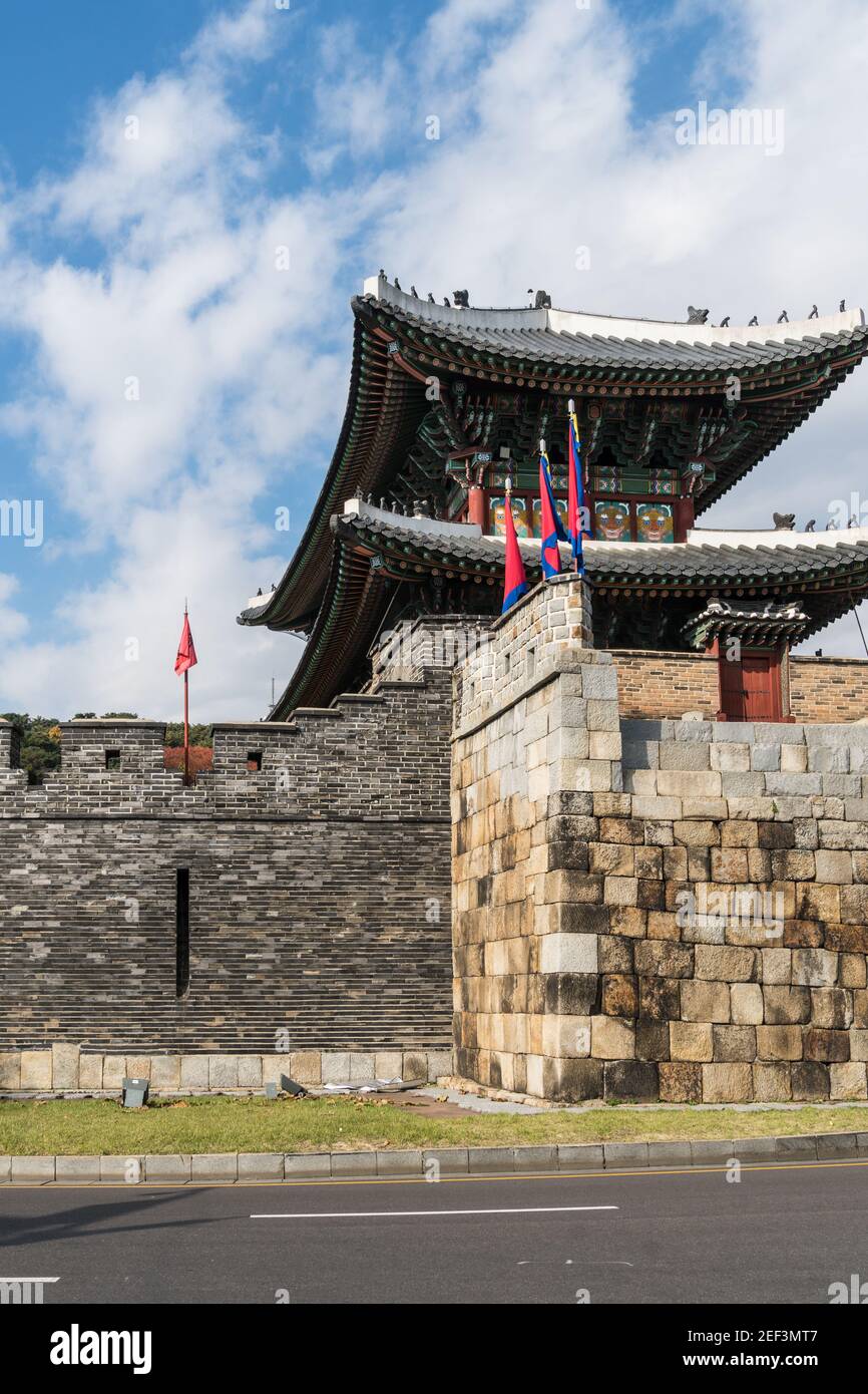 Exterior view of the Paldalmun Gate part of the historic Suwon's Hwaseong Fortress near Seoul in South Korea on a sunny day Stock Photo