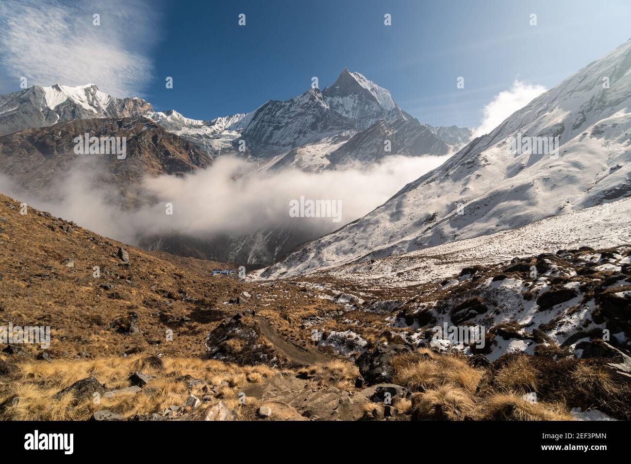 Dramatic view of the Machapuchare peak, also called fishtail mountain, in the Annapurna region in the Himalayas in Nepal Stock Photo