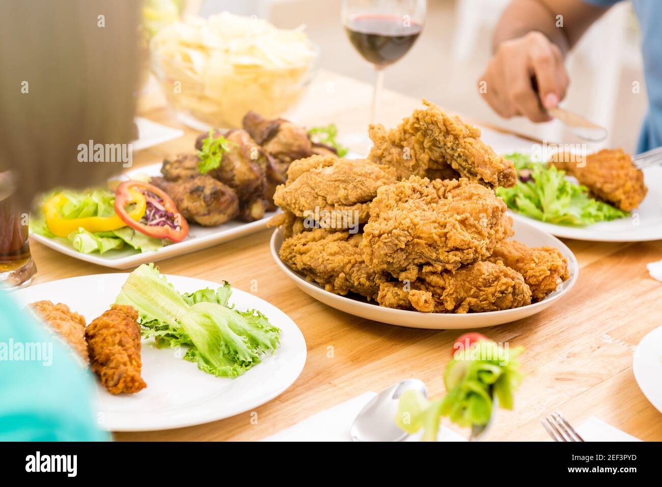 Chicken on dinning table, ready to eat Stock Photo