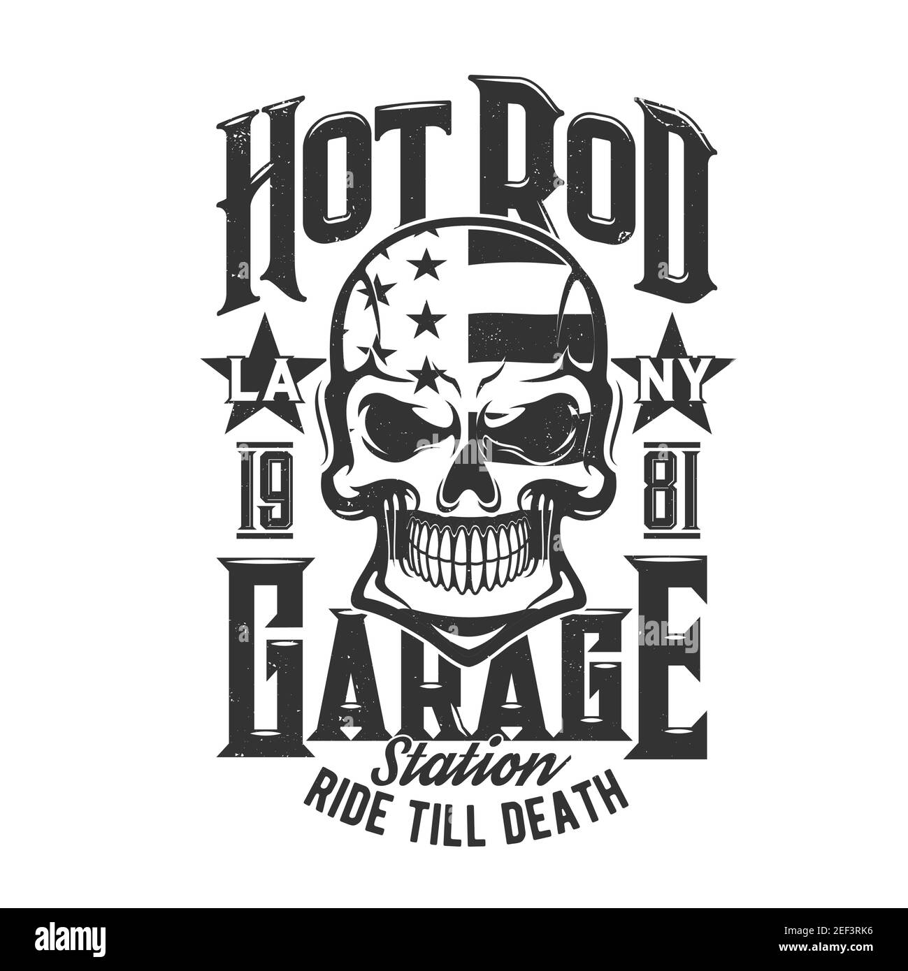 Skull with flag of USA t-shirt print mockup of vector garage or service station. Dead human skeleton head with scary smile of bared teeth custom appar Stock Vector
