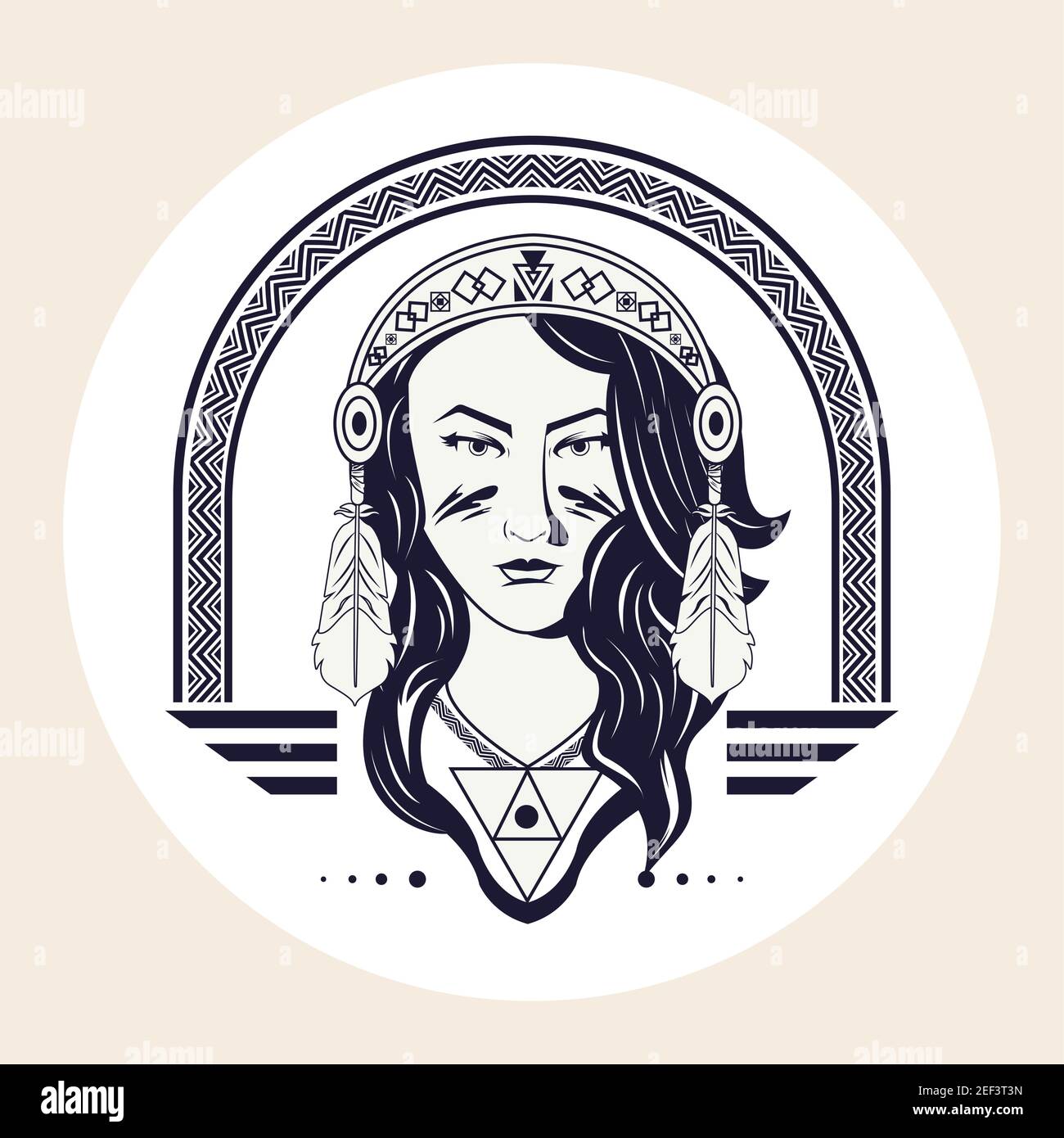 native american woman with feathers head bandana in frame tribal style ...