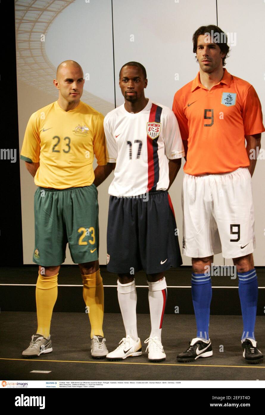 Football - Nike - 2006 World Cup Official Kit Launch for Brazil - Portugal - Australia - Holland - Korea - Mexico - Croatia and USA - Olympic Stadium - Berlin - Germany - 13/2/06  Marco Bresciano , DaMarcus Beasley and Ruud Van Nistelrooy  Mandatory Credit: Action Images / Tobias Schwarz Stock Photo