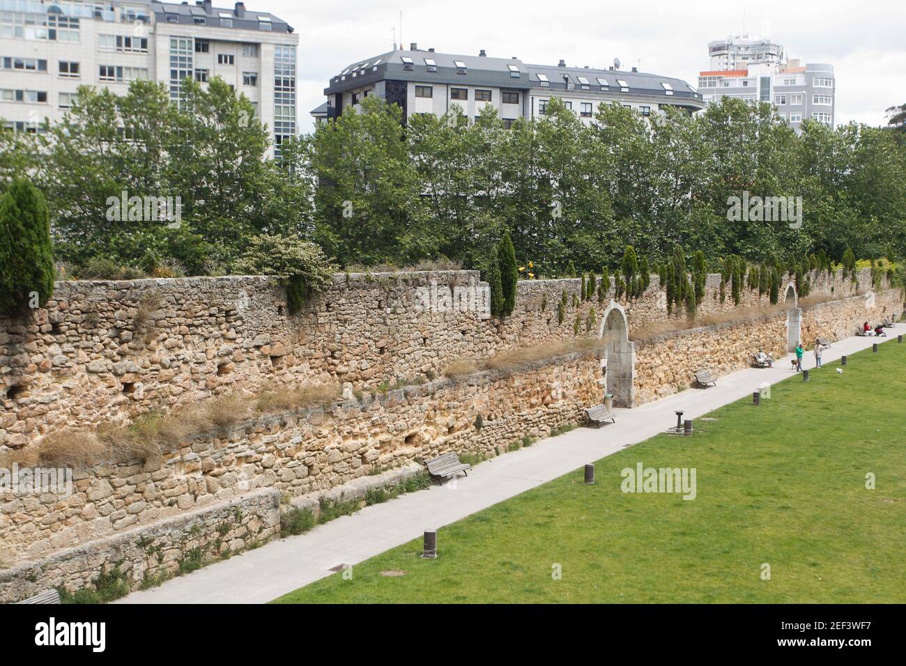 Old stone aqueduct that is part of the Walk of the bridges park in A Coruña, Spain Stock Photo