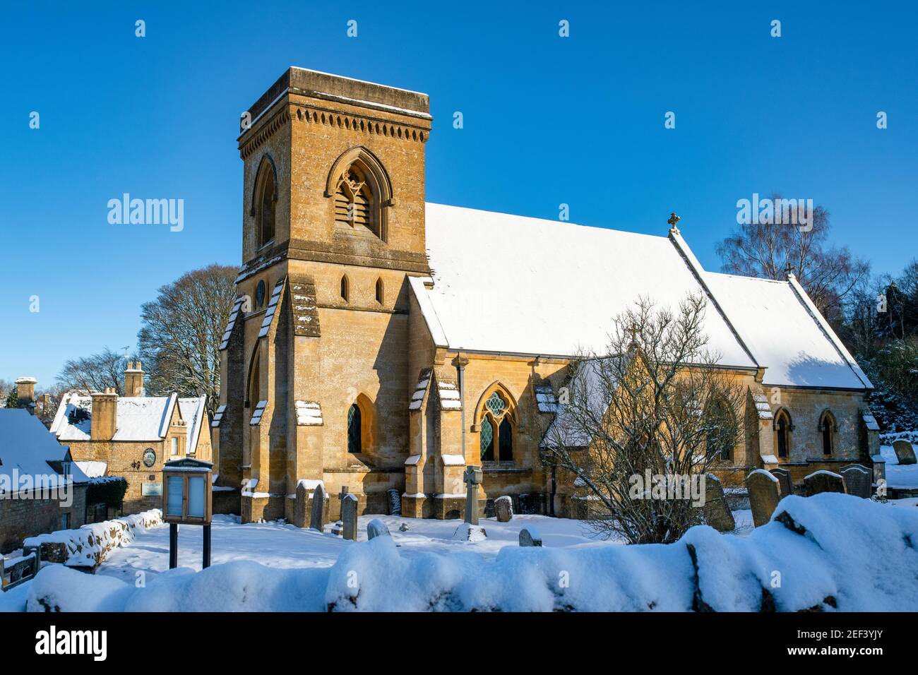St Barnabas church in the January snow. Snowshill, Cotswolds, Gloucestershire, England Stock Photo
