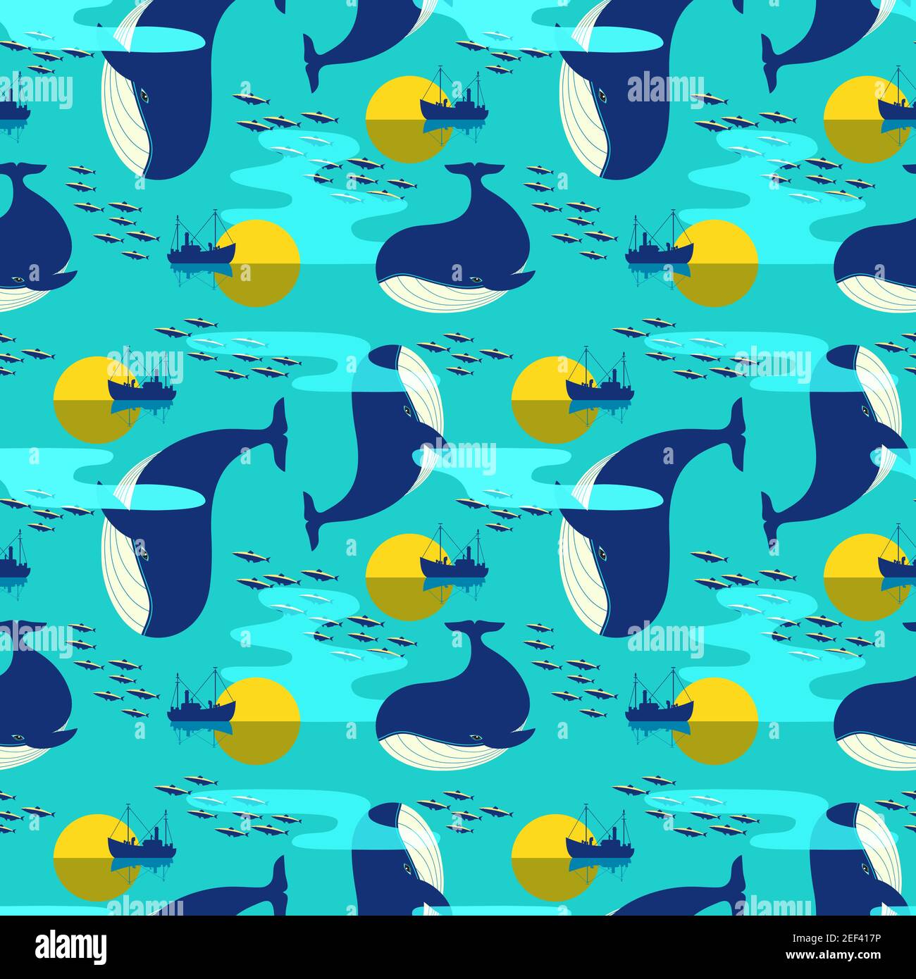 Blue Whale in Ocean Decorative seamless vector pattern Stock Vector