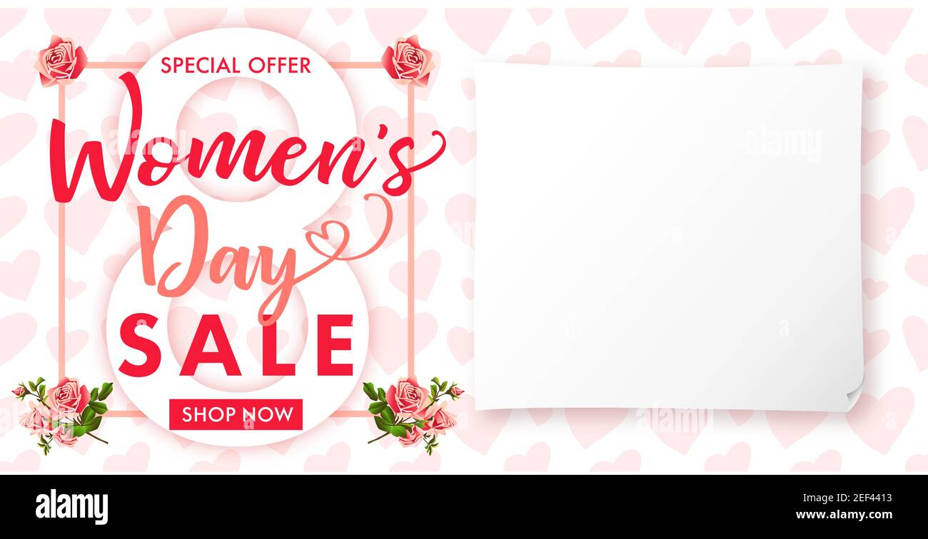 March 8, Happy Women's Day sale banner. Lovely cute decorative pink background, white color digit 8, calligraphic text, realistic sheet of paper. Isol Stock Vector
