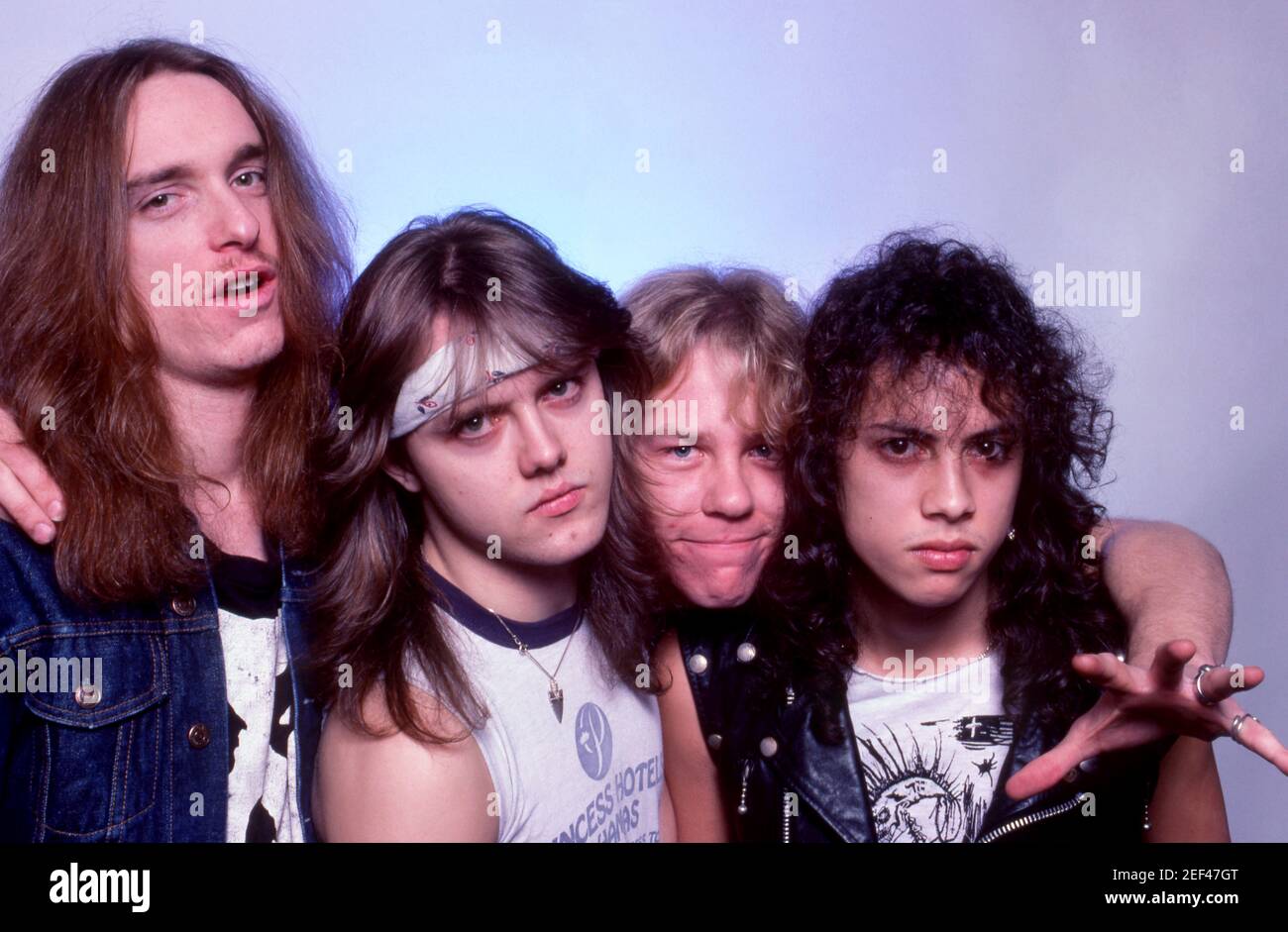 ROYAL OAK, MI - FEBRUARY 1: (L-R) Bass guitarist Cliff Burton (1962-1986),  drummer Lars Ulrich, vocals, guitarist James Hetfield and guitarist Kirk  Hammett pose for a studio portrait during the Ride the