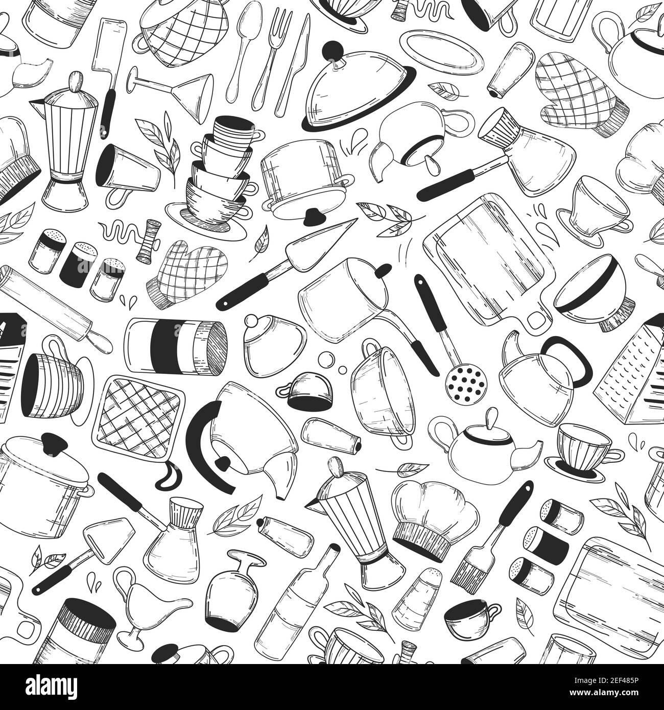 Vector hand drawn kitchen tools seamless pattern. Vintage background. Sketch kitchen tool, kitchenware. Pan, knife and fork, grater chef utensils Stock Vector