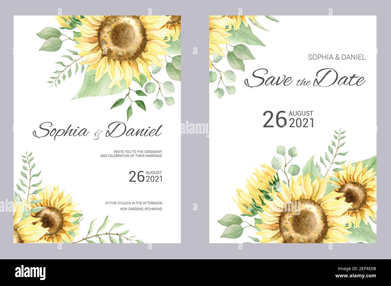 Download Watercolor Wedding Invitation Cards Floral Poster Invite Elegant Wedding Invitation With Watercolor Floral Elements Sunflower And Eucalyptus Stock Photo Alamy