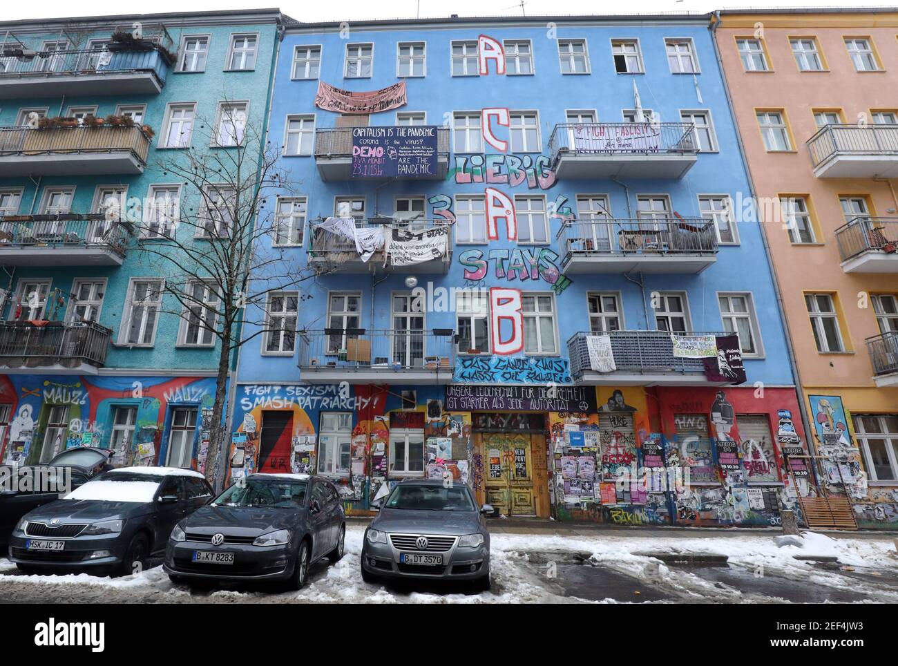 Berlin, Germany. 16th Feb, 2021. After court decisions on the house in  Rigaer Straße 94 (2nd from right) in Berlin-Friedrichshain, which was  partly occupied by left-wing radicals, the owner is increasing the