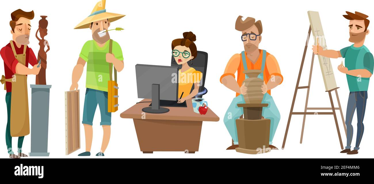 Creative freelance people at work in studio with artist sculptor journalist  and potter cartoon images set vector illustration Stock Vector Image & Art  - Alamy