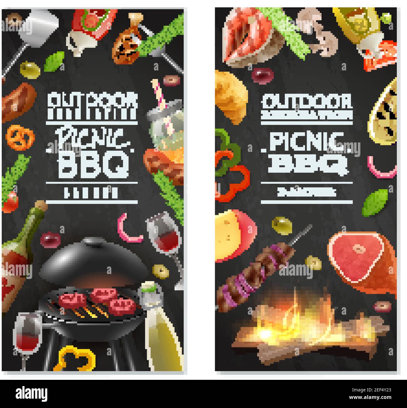 Picnic barbecue vertical banners with meat on grill vegetables wine