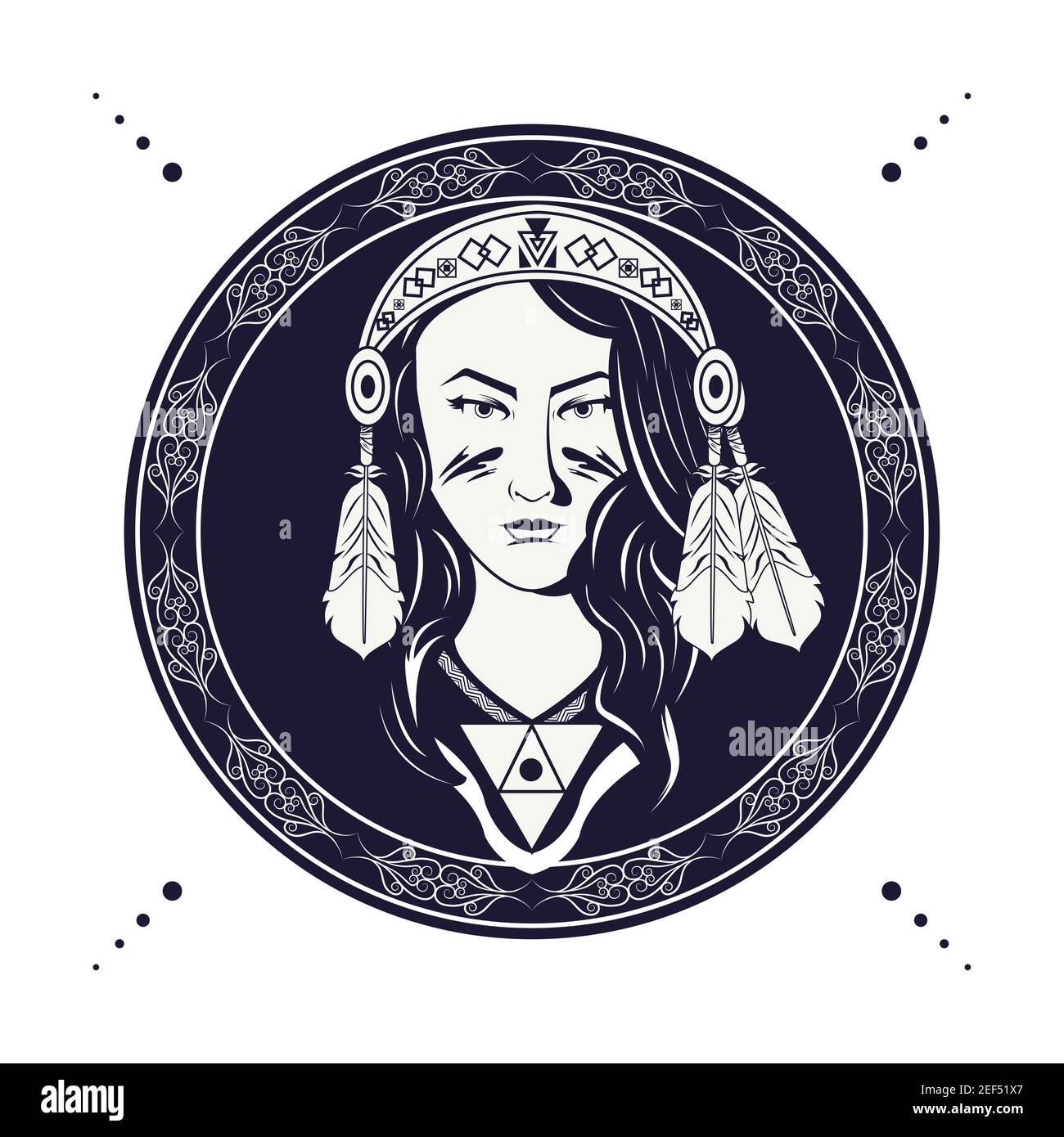 native american woman with feathers bandana in circular frame tribal style vector illustration design Stock Vector