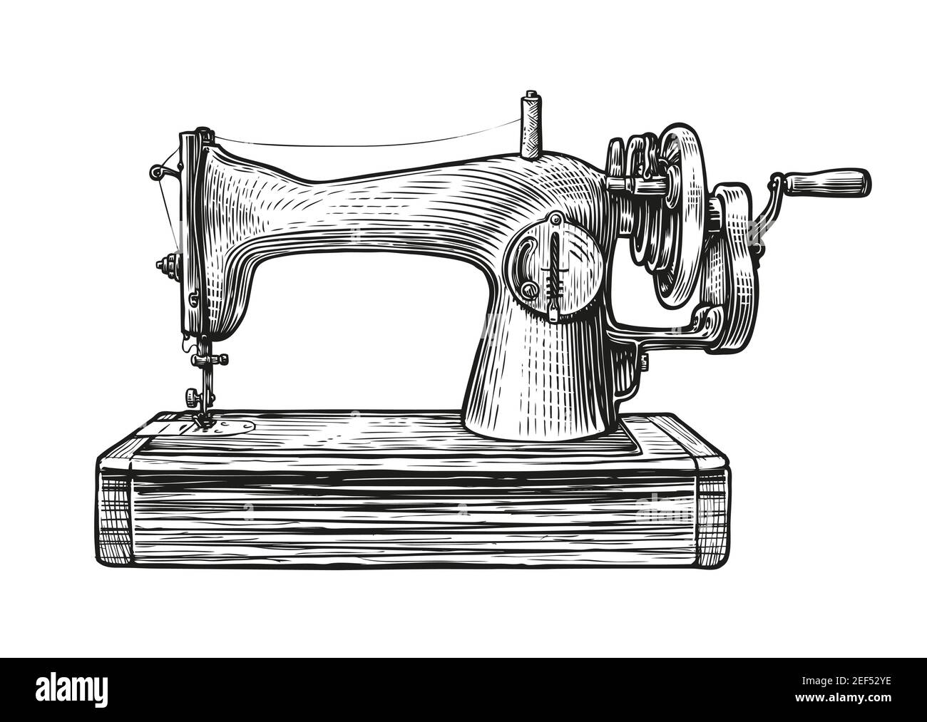 Sewing machine retro sketch. Tailoring vintage vector illustration Stock Vector