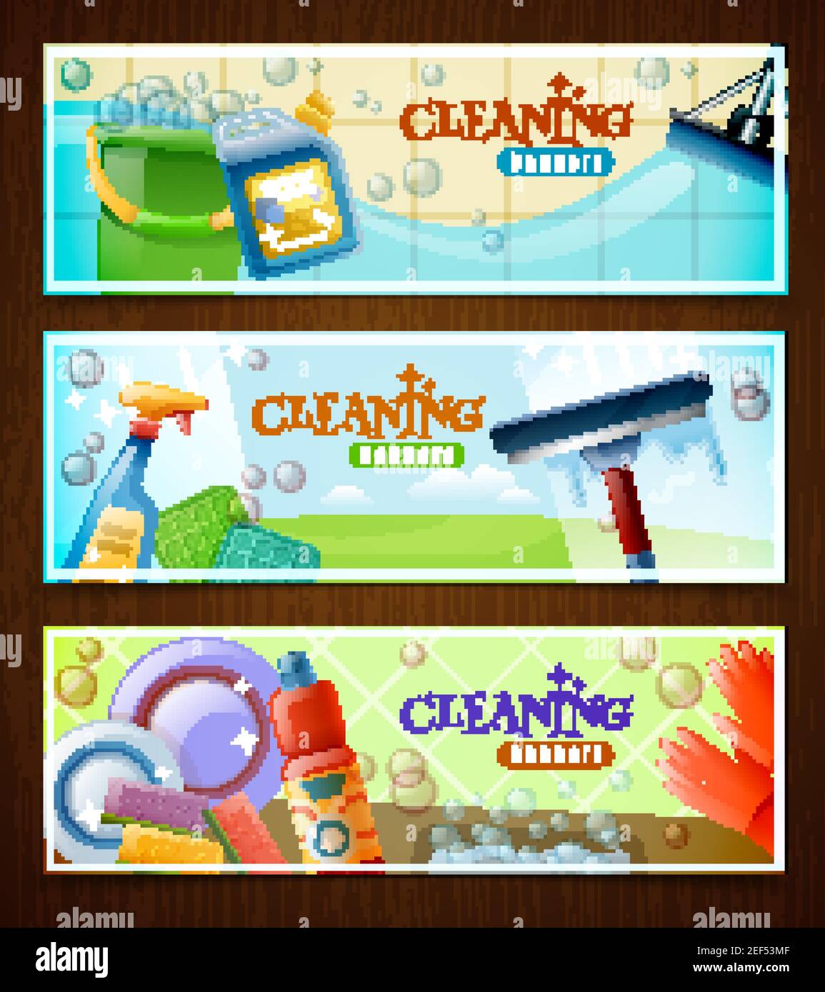 Set of horizontal banners with floor cleaning washing of windows and ...