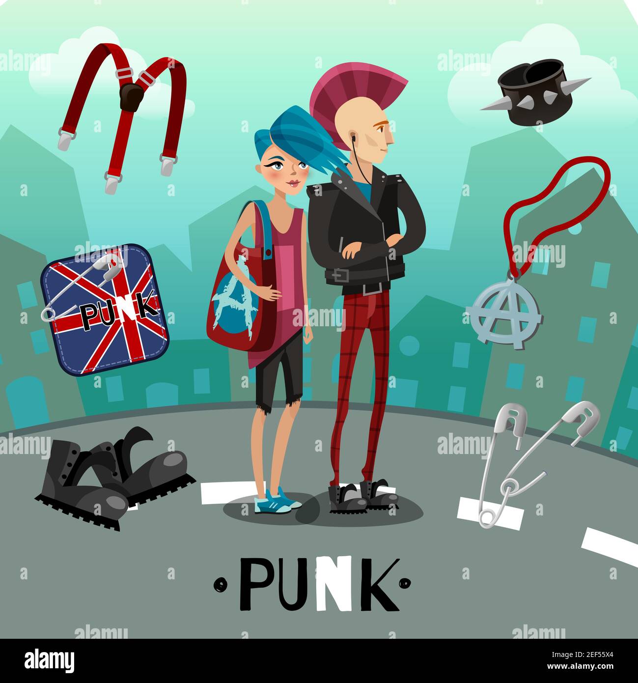 Punk subculture composition including people with flashy appearance and accessories on city background cartoon style vector illustration Stock Vector
