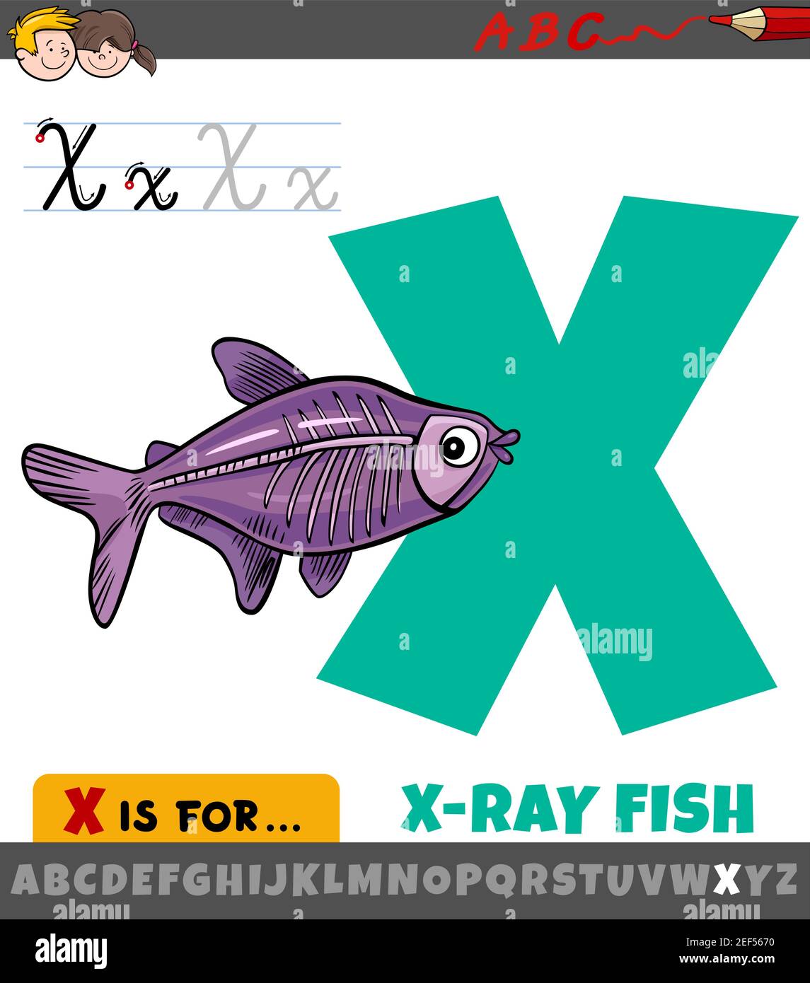Educational cartoon illustration of letter X from alphabet with x-ray fish animal character for children Stock Vector