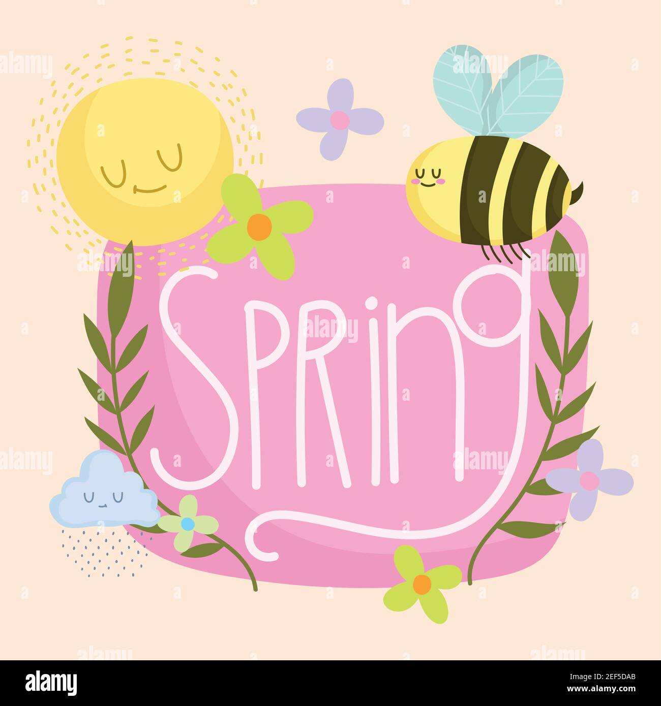 spring hand drawn text flowers bee sun branches cartoon vector ...