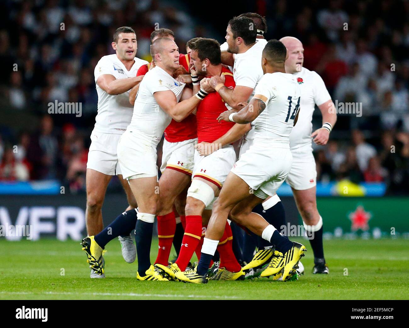 Rugby Union - England v Wales - IRB Rugby World Cup 2015 Pool A - Twickenham Stadium, London, England - 26/9/15  Mike Brown of England and Sam Warburton of Wales clash  Reuters / Andrew Winning  Livepic Stock Photo