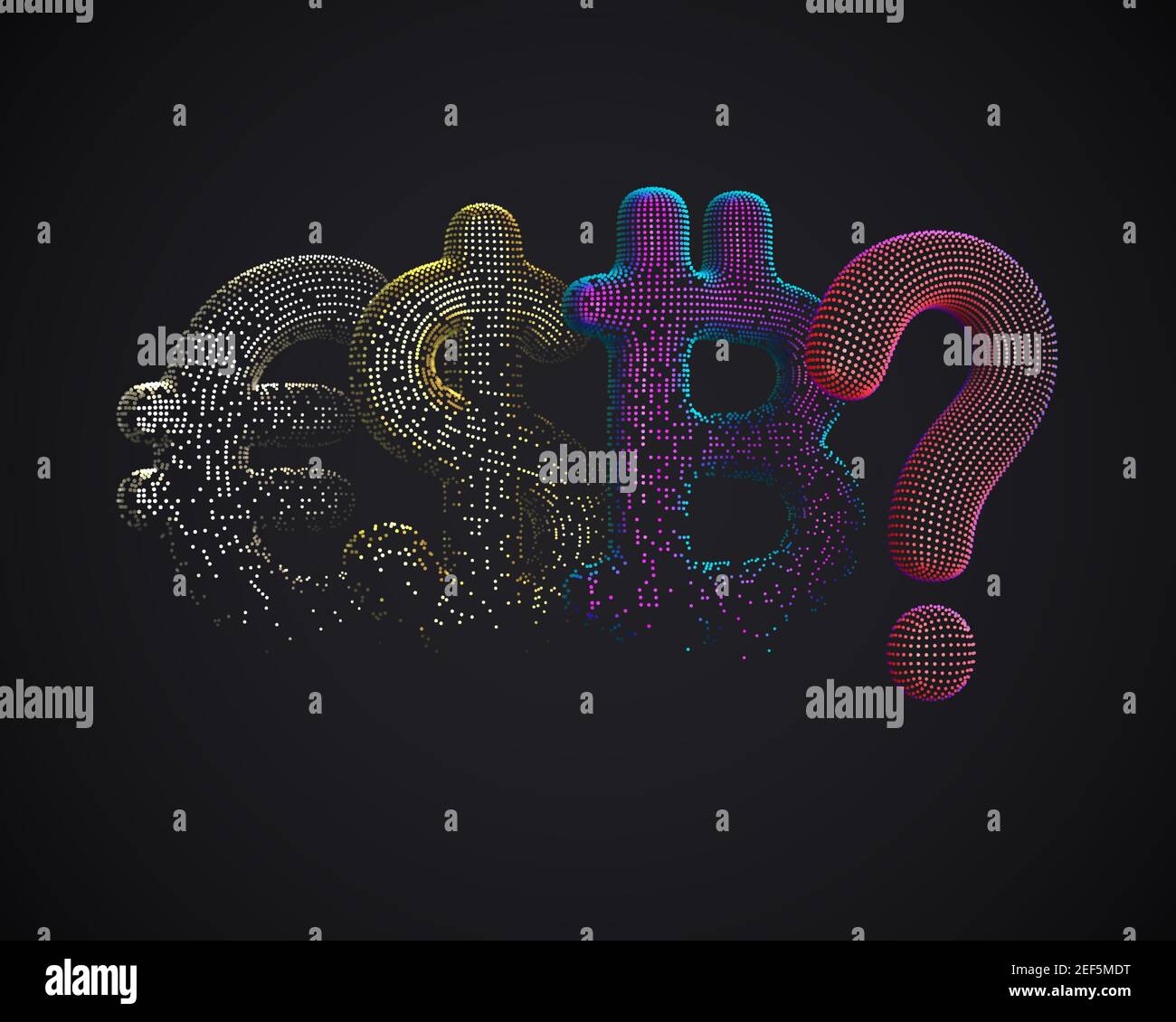 3D digital Euro, Dollar and Bitcoin symbol in a row with question sign