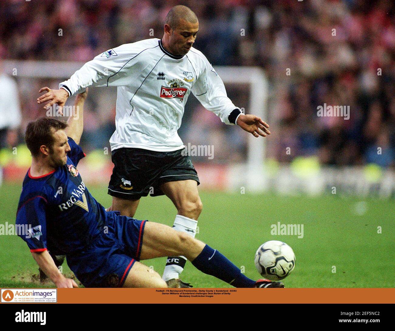 Football - FA Barclaycard Premiership , Derby County v Sunderland - 9/2/02  Darren Williams of Sunderland challenges Deon Burton of Derby Mandatory  Credit:Action Images Stock Photo - Alamy