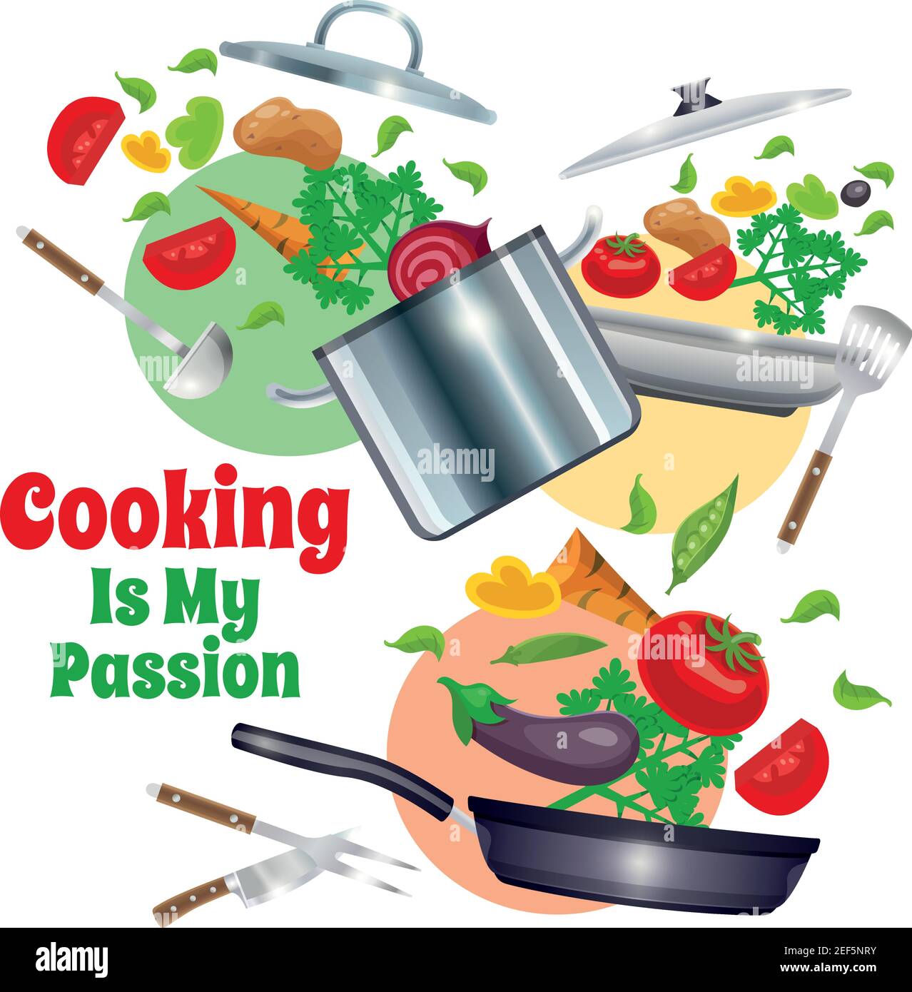 Composition with kitchenware including pans, culinary tools and vegetables on white background with colored circles vector illustration Stock Vector