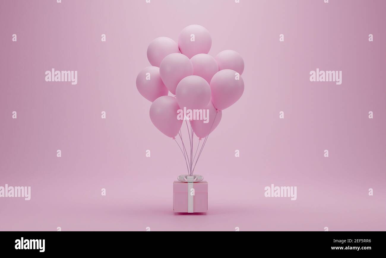 3d rendering. Pink gift box with balloons on pastel background with ...