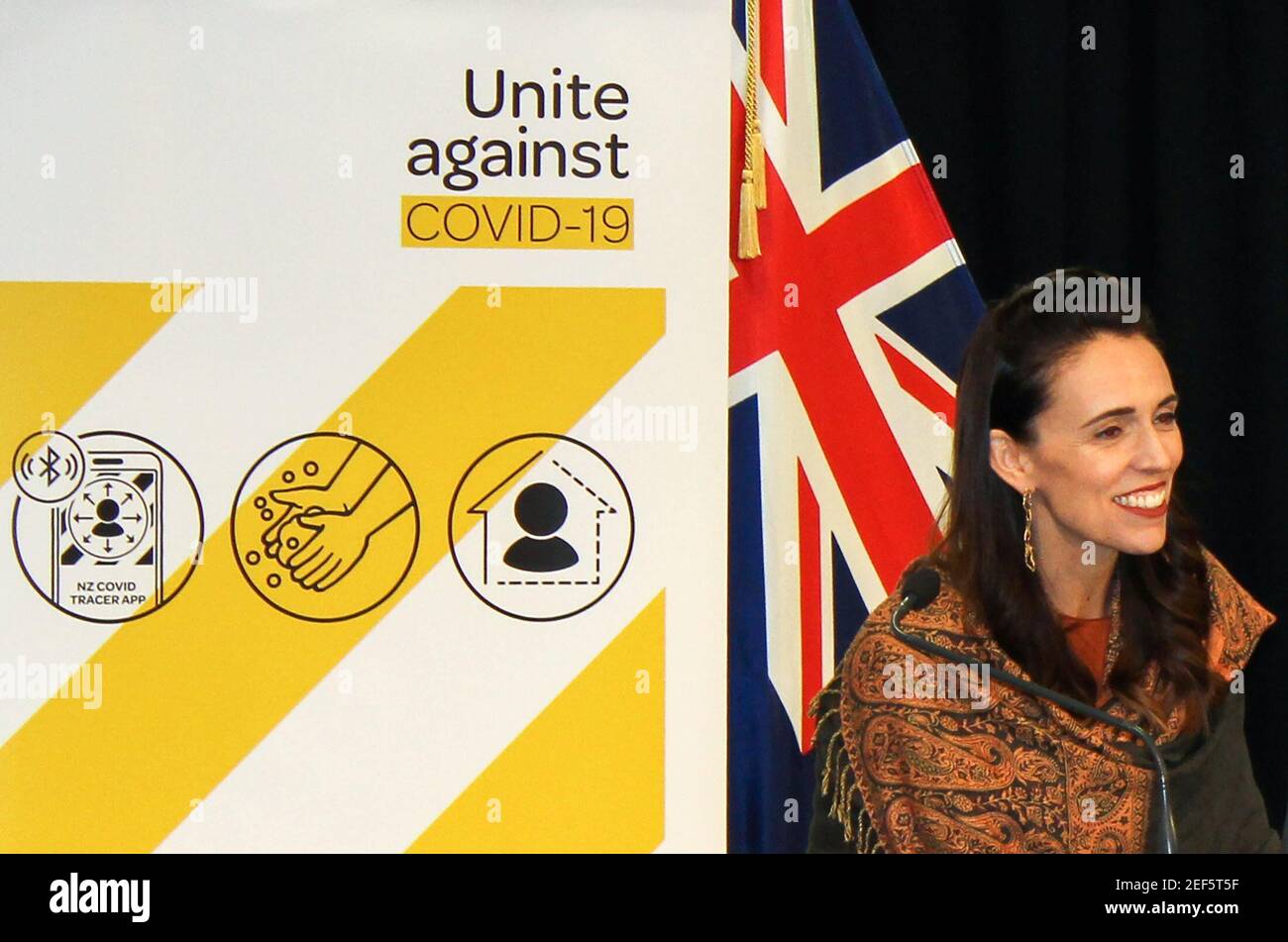 New Zealand's Prime Minister Jacinda Ardern speaks at a news conference on the coronavirus disease (COVID-19) pandemic in Wellington, New Zealand, February 17, 2021.   REUTERS/Praveen Menon Stock Photo