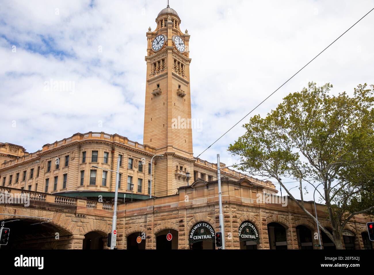 Central Railway station in Sydney city centre with clocktower and local traffic,Sydney,NSW,Australia Stock Photo