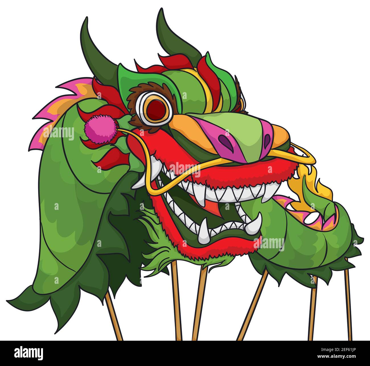 Chinese green costume with poles ready to perform the traditional dragon dance. Stock Vector