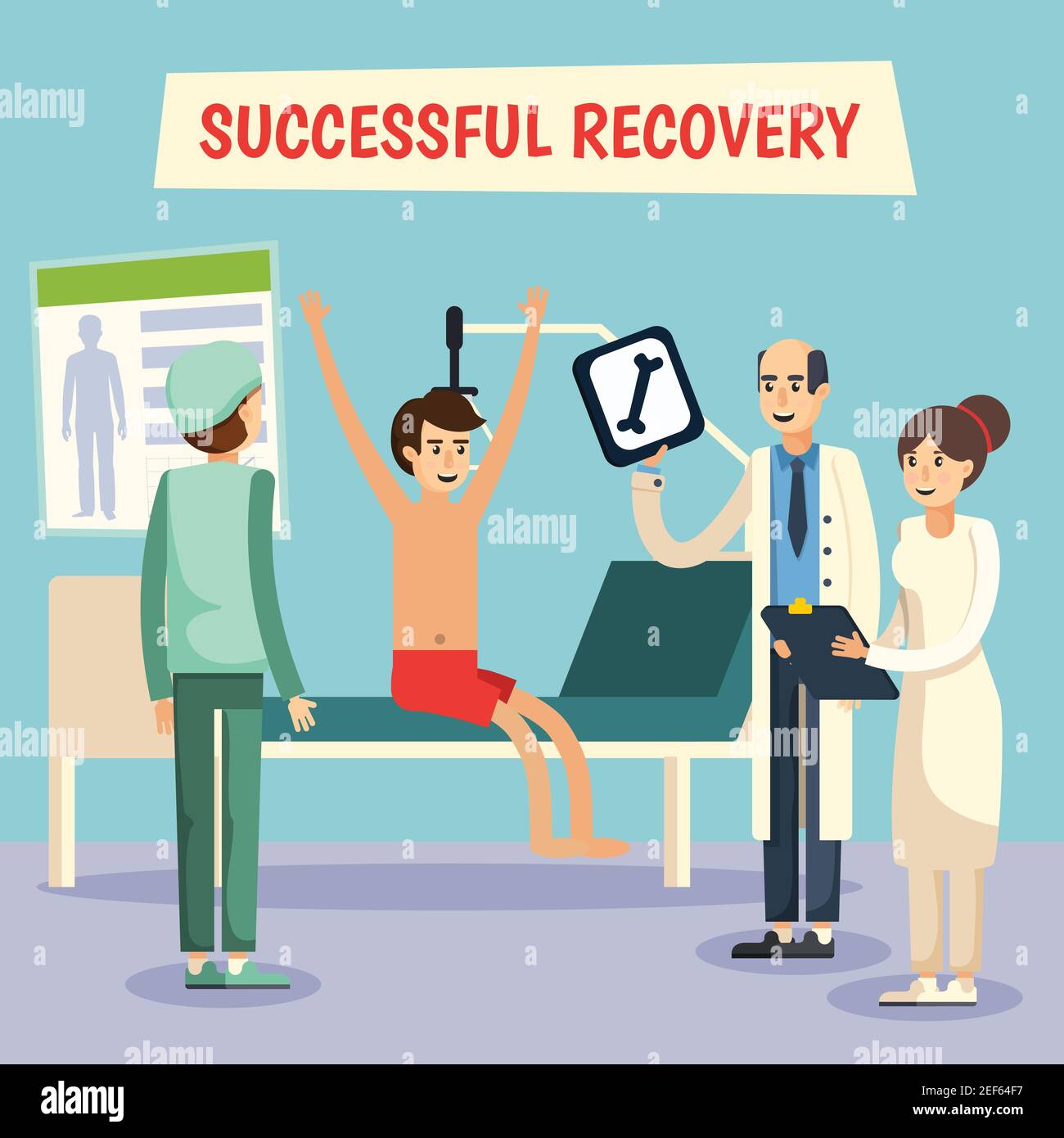 Hospital ward successful recovery scene with doctor assistent nurse and