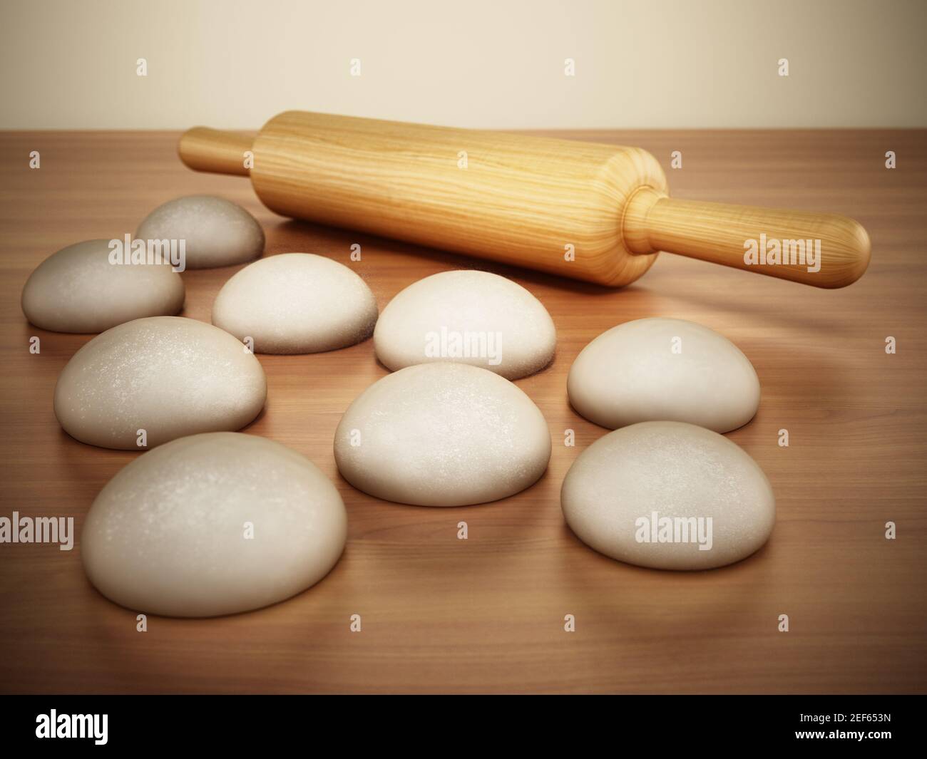 Rolling pin and fresh raw doughs standing on the kitchen counter. 3D illustration. Stock Photo