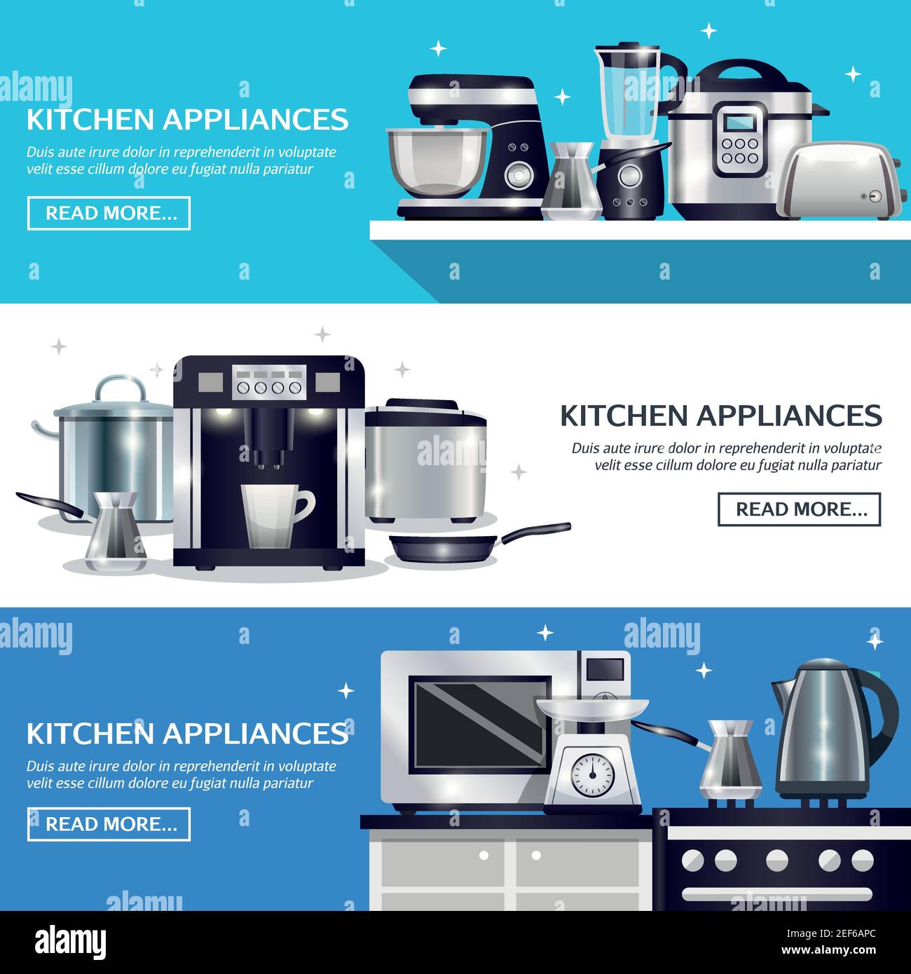Kitchenware set of horizontal banners with pans, microwave, food processor,  blender, toaster, slow cooker isolated vector illustration Stock Vector  Image & Art - Alamy