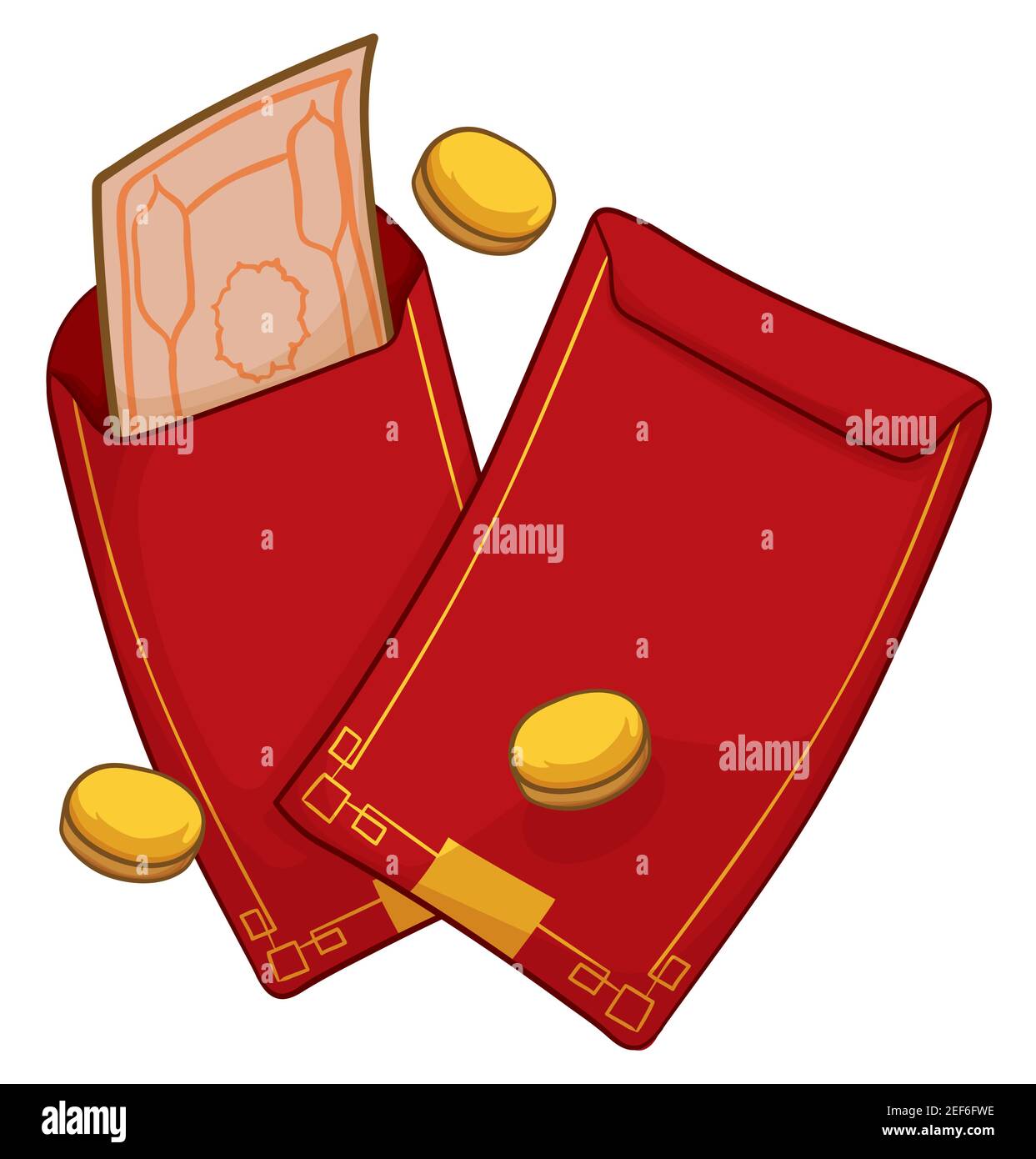 Pair of red envelopes, one opened with banknote and golden coins for Chinese holidays, isolated over white background. Stock Vector