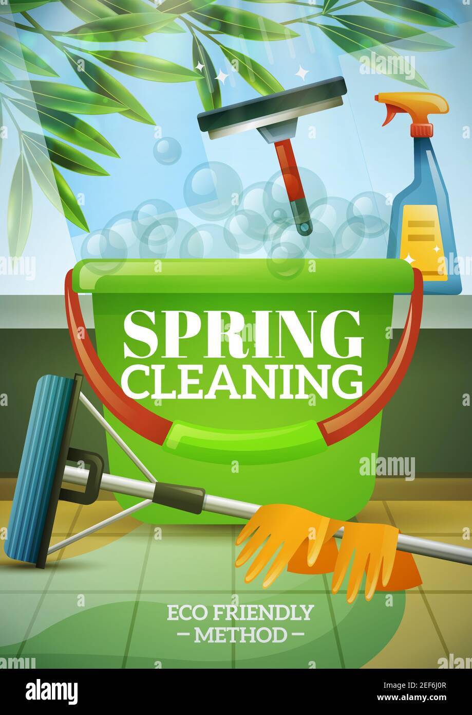 Spring cleaning poster with green branch behind window brush at glass bucket mop and gloves vector illustration Stock Vector