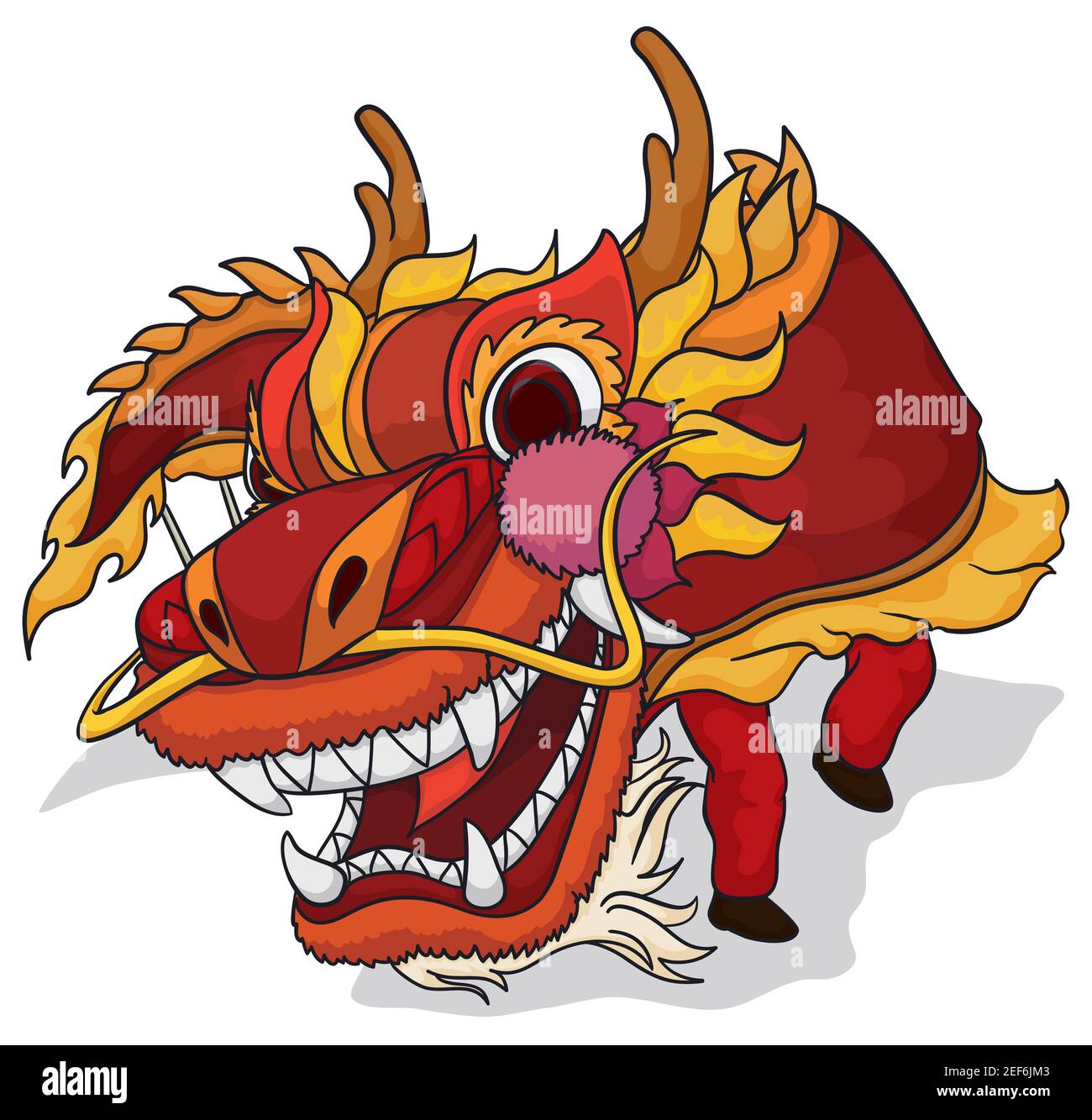 Dancers performing the Chinese dragon dance with red costumes, isolated over white background. Stock Vector