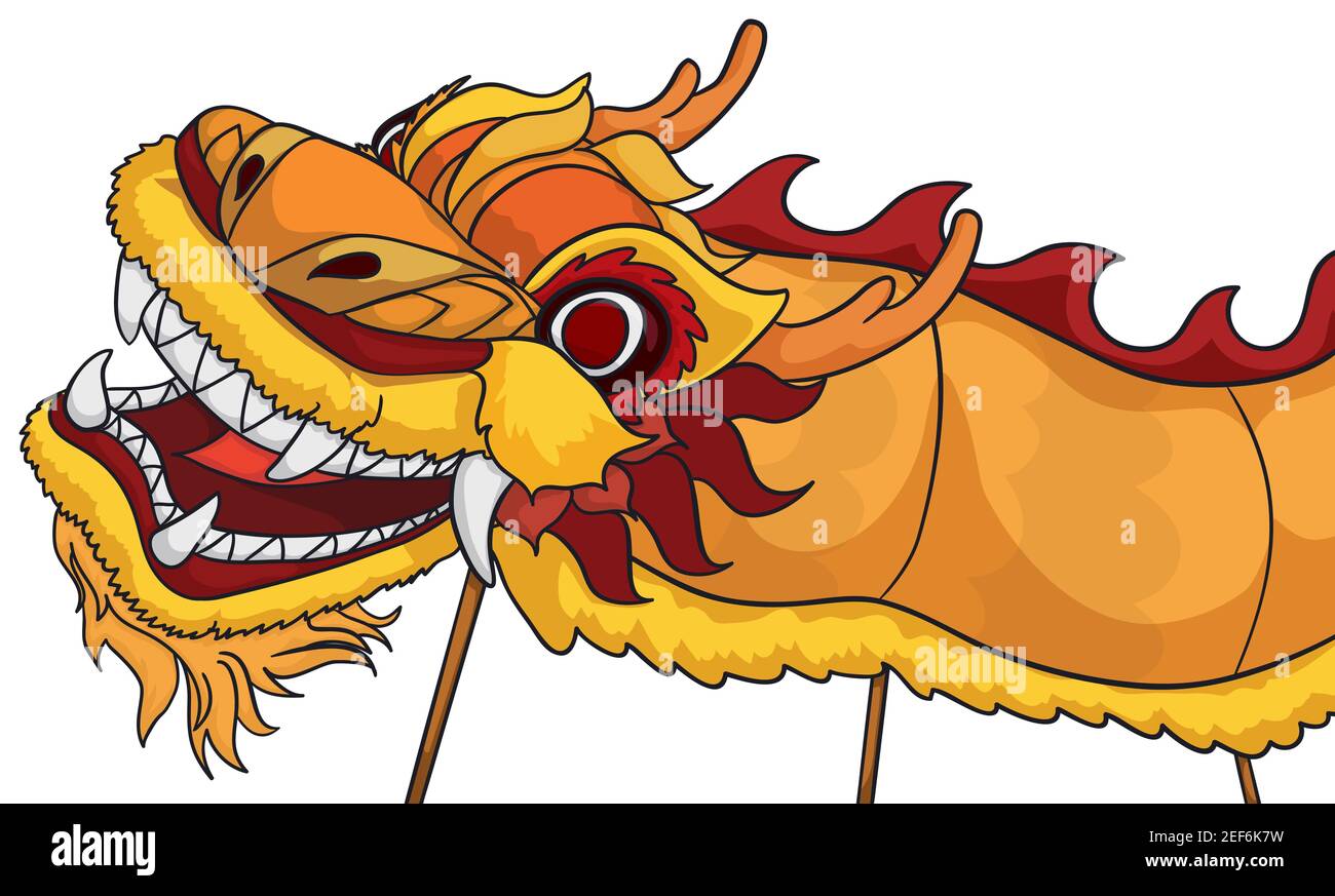 Traditional dragon in yellow color costume with poles performing its dance during Chinese holiday. Stock Vector