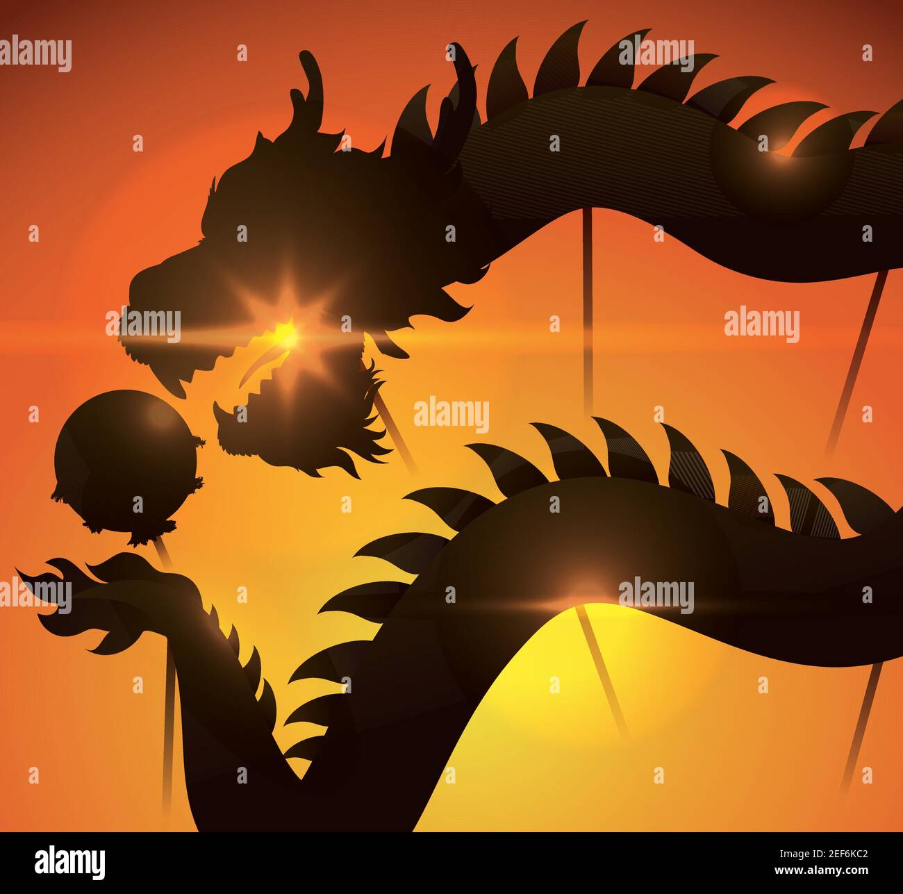 Sunset view with the silhouette of a Chinese dragon costume performing its dance chasing a 'pearl' -or ball- with poles. Stock Vector