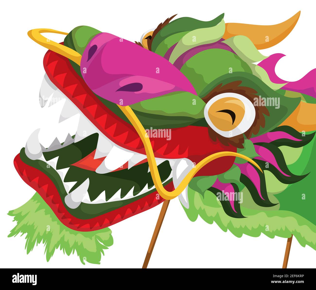 Happy head of Chinese dragon dancers and some poles holding it for traditional holidays, isolated over white background. Stock Vector