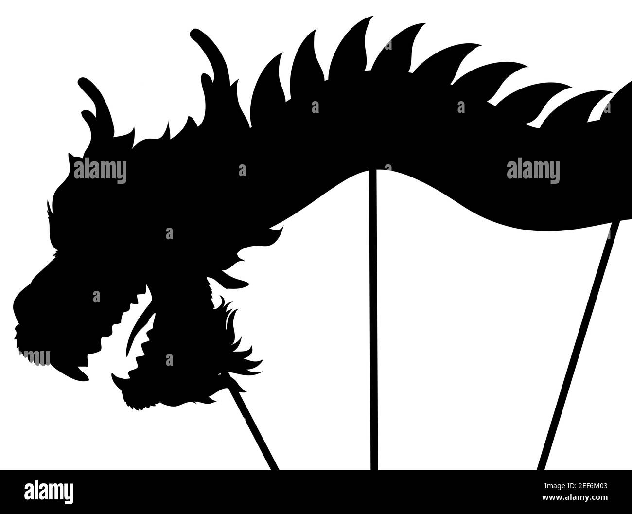 Silhouette of Chinese dragon costume over poles performing its traditional dance, isolated over white background. Stock Vector