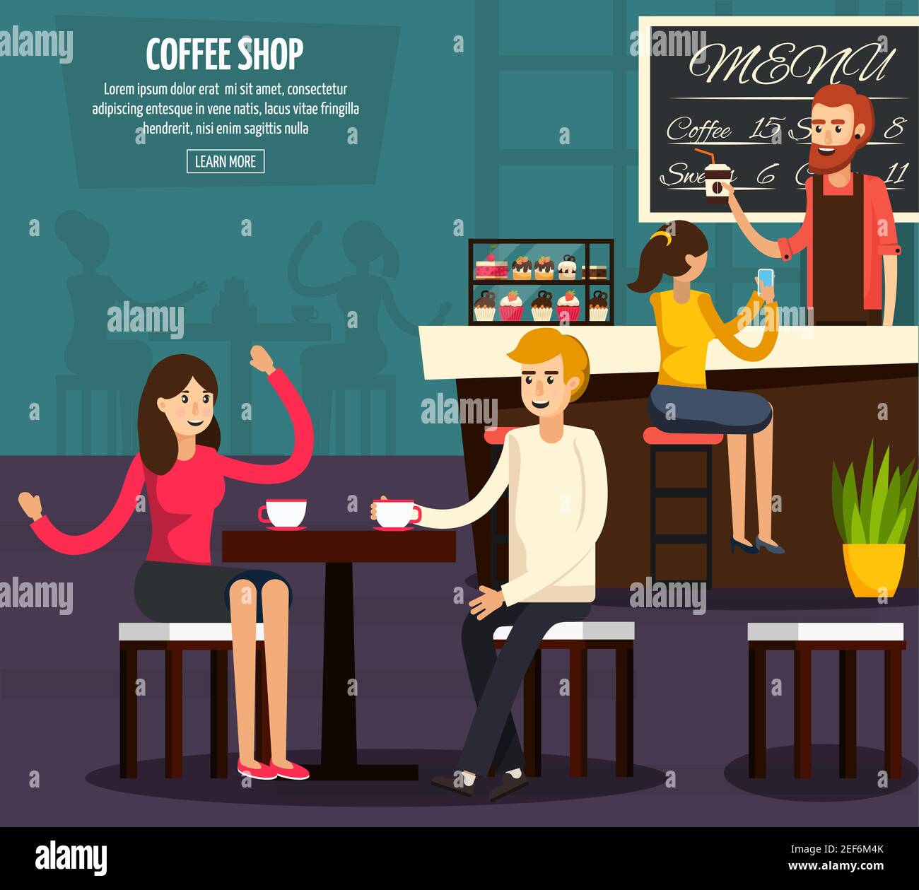 Colored cafe worker flat composition with two people who sit and drink